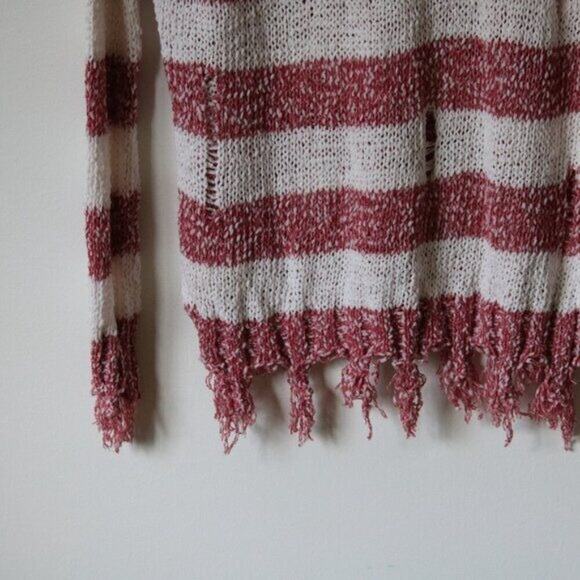Women's Red and White Striped Distressed Long Sleeve Sweater Medium - Picture 2 of 5